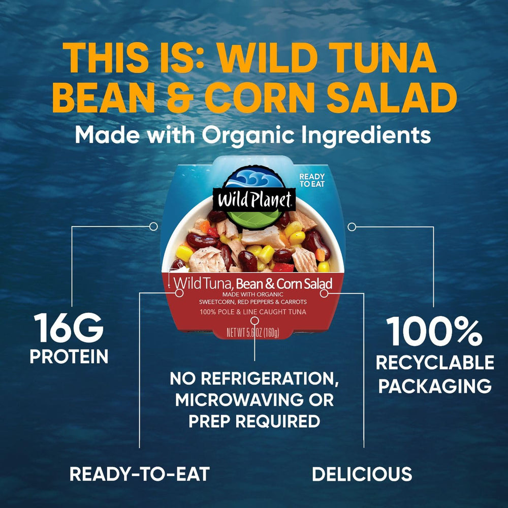 Wild Planet Salad Tuna Bean Corn ingredients label lists simple components.