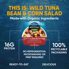 Wild Planet Salad Tuna Bean Corn ingredients label lists simple components.