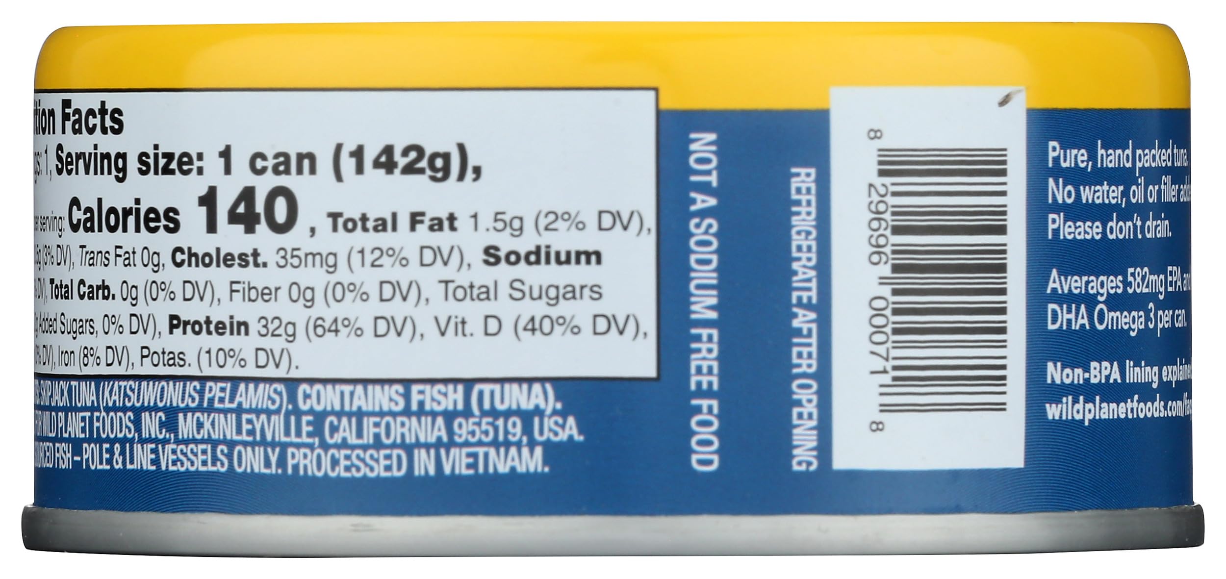 Wild Planet Skipjack Light Tuna can close-up highlighting sturdy packaging for pantry prep