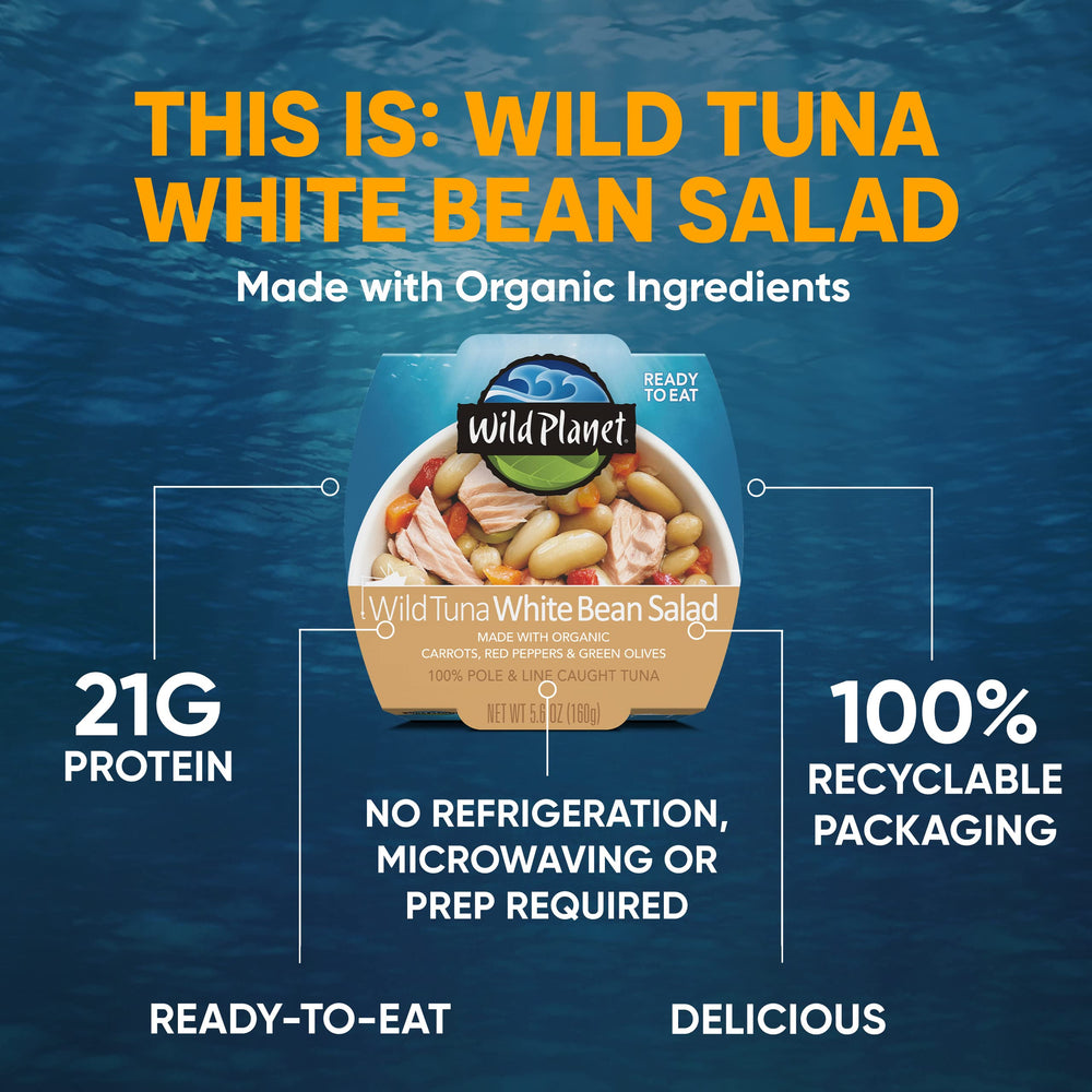 Close-up of Wild Planet packaging showing tuna salad ingredients and vibrant veggies