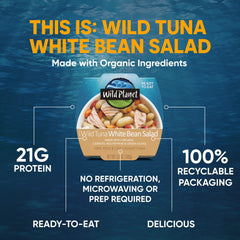 Close-up of Wild Planet packaging showing tuna salad ingredients and vibrant veggies