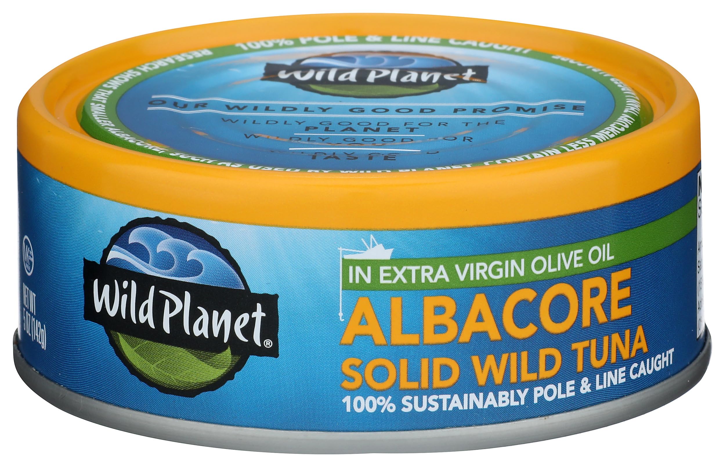 Wild Planet wild albacore tuna in olive oil; glossy can ready for quick salads.