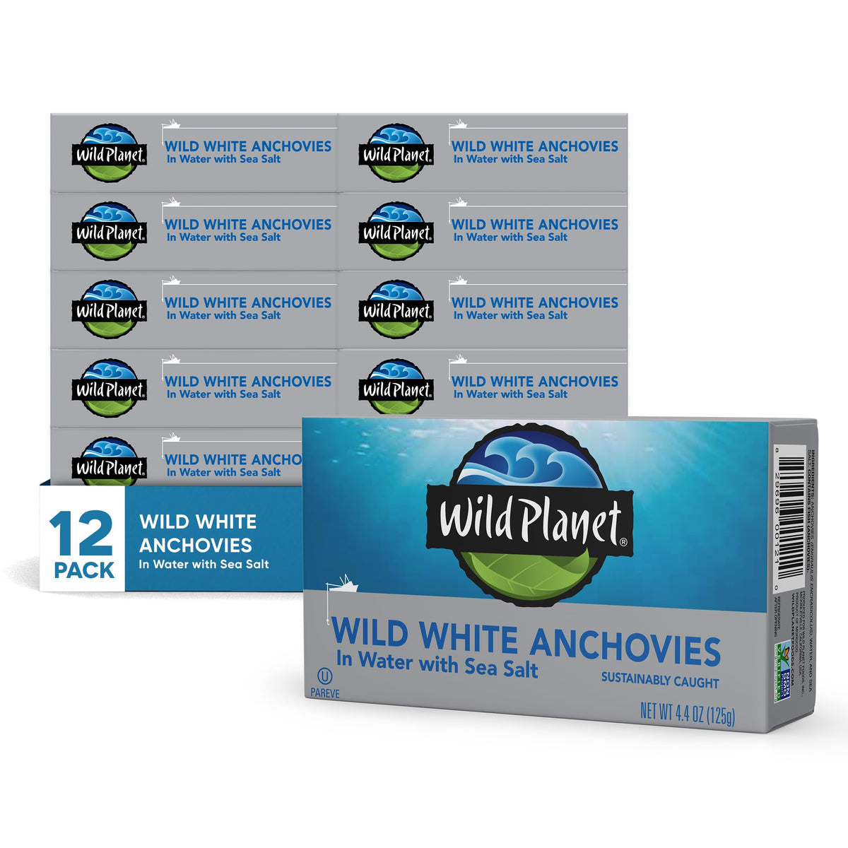 Wild Planet wild anchovies in water with sea salt can showing clean ingredients for on-the-go snacking