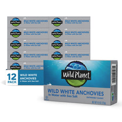 Wild Planet wild anchovies in water with sea salt can showing clean ingredients for on-the-go snacking
