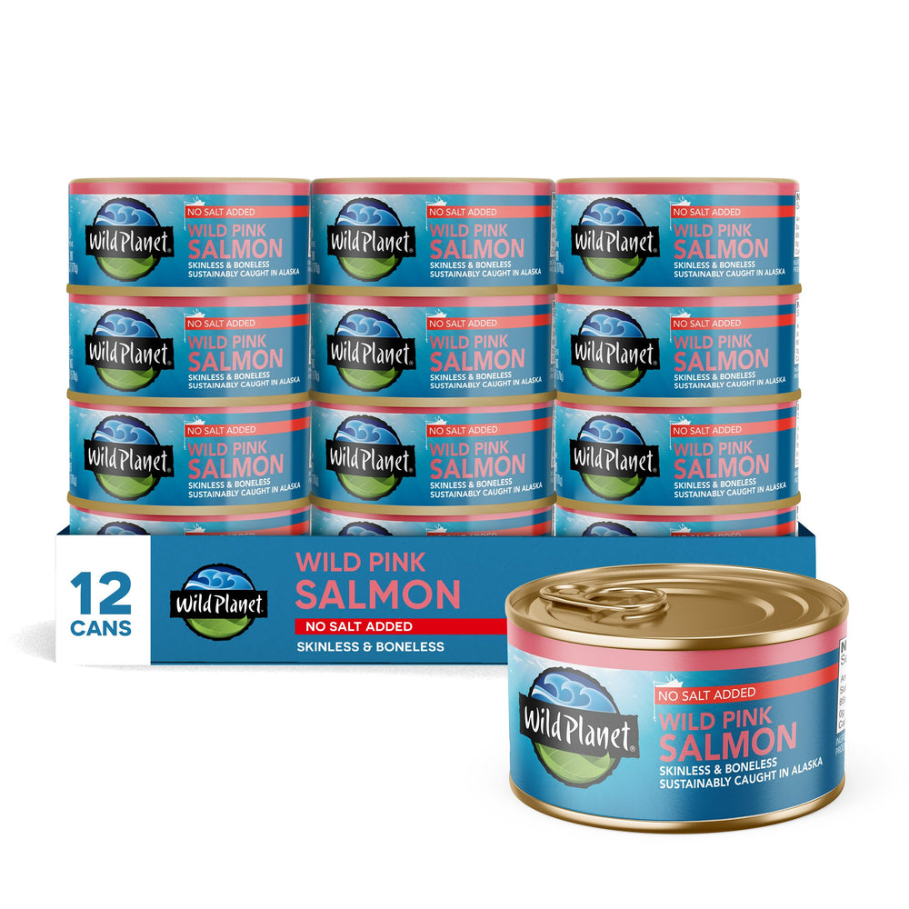 Wild Planet Wild Pink Salmon can, convenient protein source for quick meals.