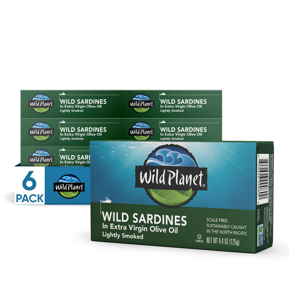 Wild Planet sardines in EVOO with sea salt, protein-rich snack ideal for salads or sandwiches