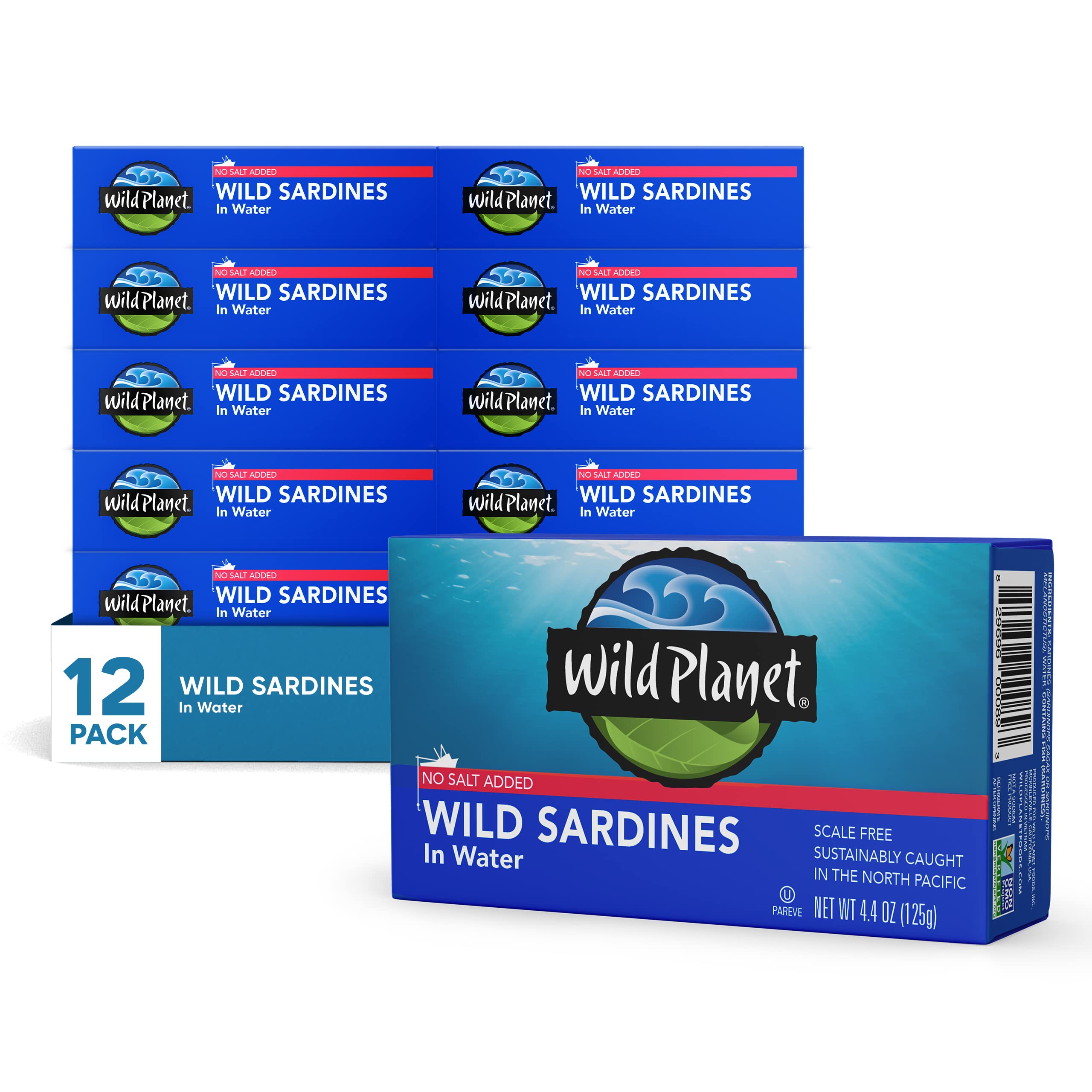 Wild Planet sardines in water no salt added can close-up, protein-packed snack