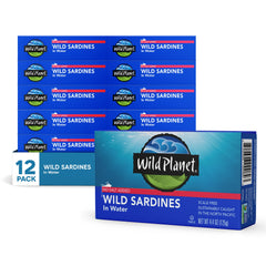Wild Planet sardines in water no salt added can close-up, protein-packed snack