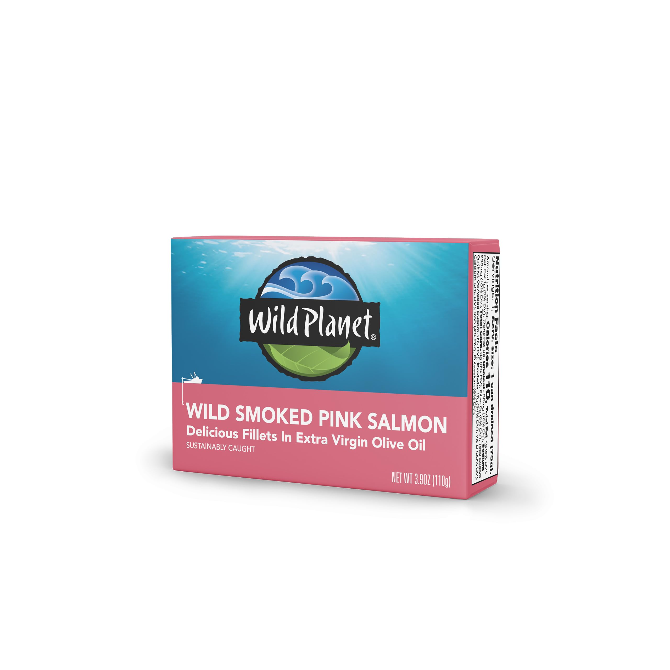 Wild Planet smoked pink salmon can with olive oil on display; ready for quick meals.