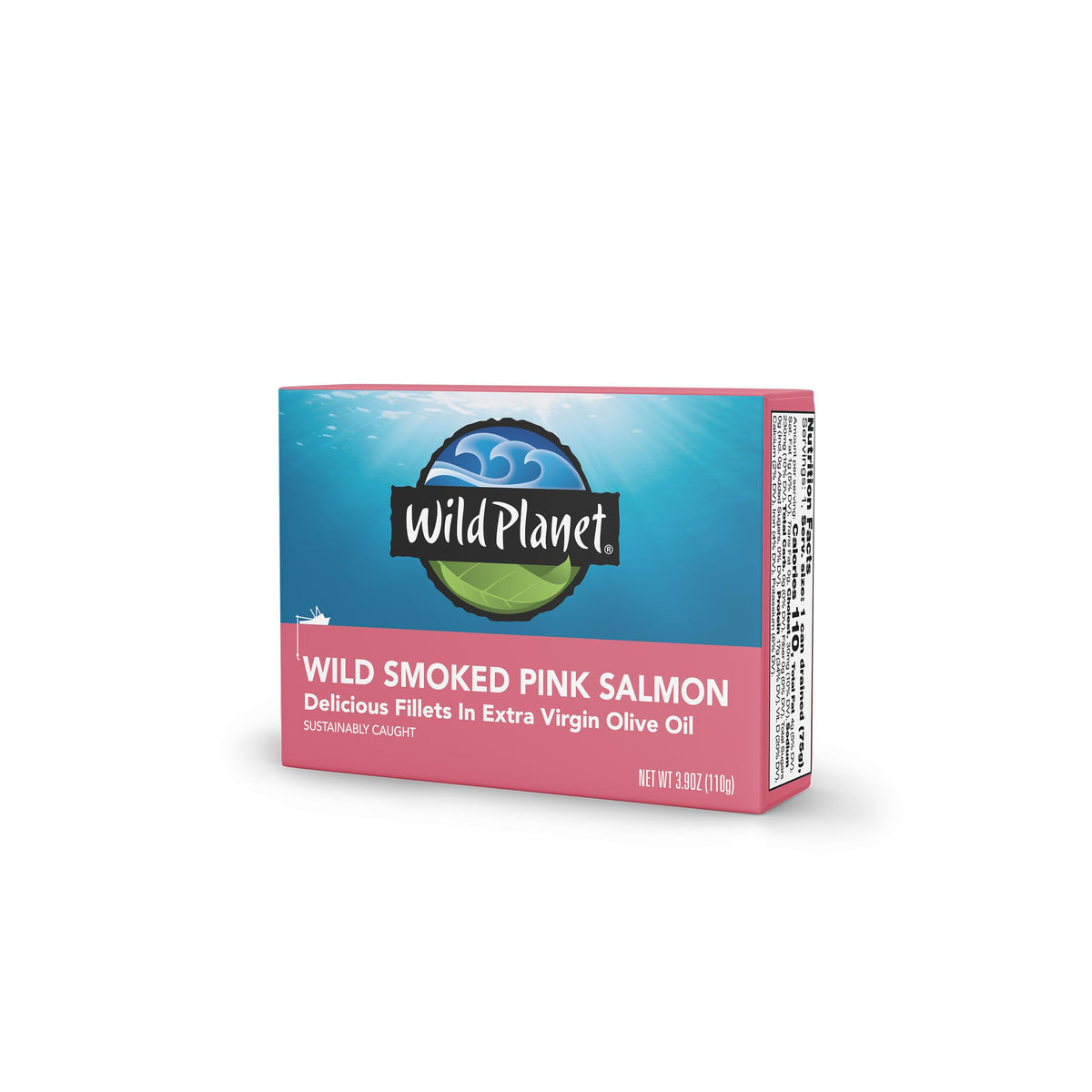 Wild Planet smoked pink salmon can with olive oil on display; ready for quick meals.
