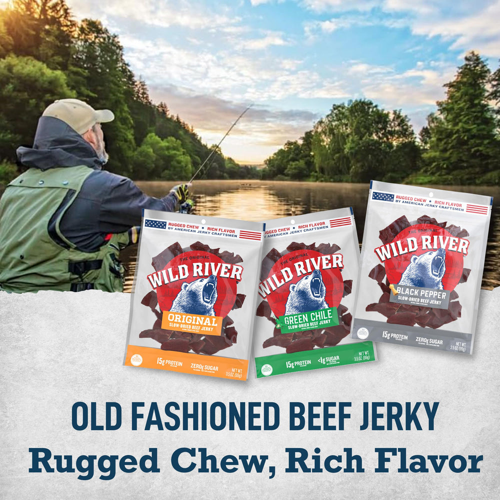 Wild River Black Pepper jerky bag close-up with bold flavor depiction.