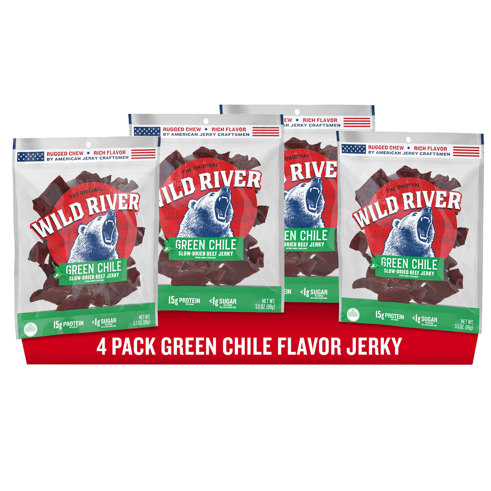 Wild River Green Chile Beef Jerky Pack close-up, perfect on-the-go protein for adventures.