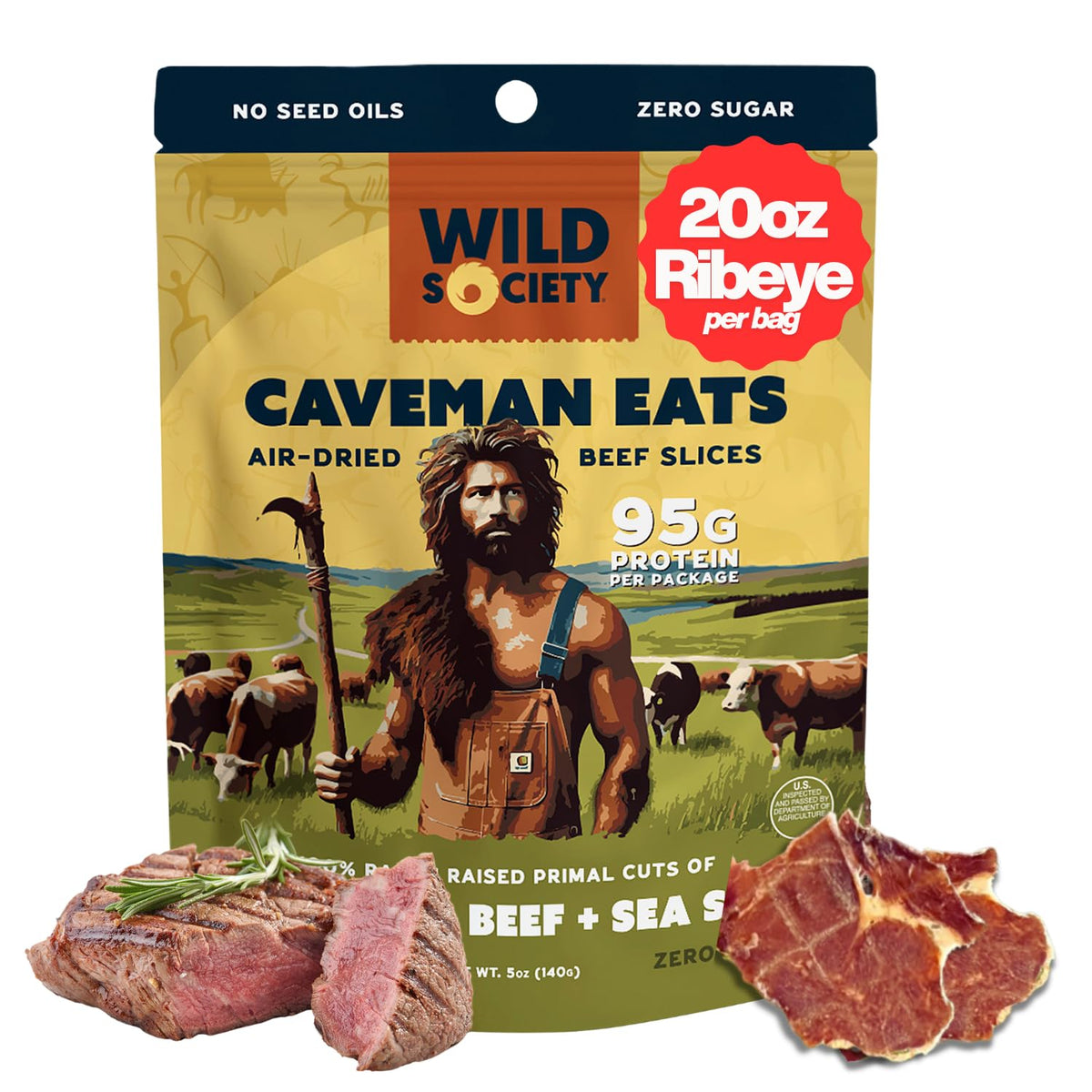 Wild Society Caveman Eats ribeye slices – grass-fed beef snack for on-the-go protein.