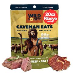 Wild Society Caveman Eats ribeye slices – grass-fed beef snack for on-the-go protein.