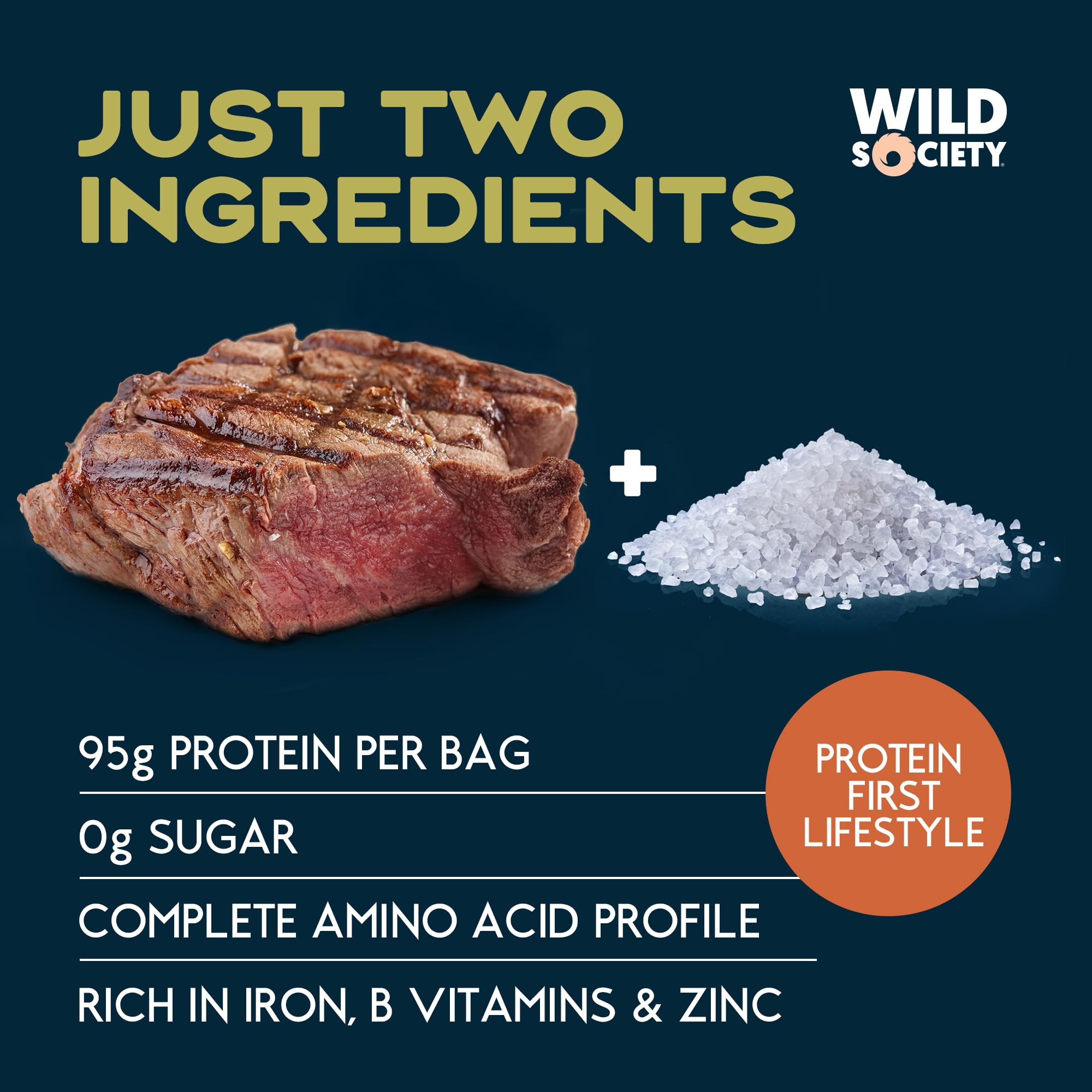 Wild Society Caveman Eats sugar-free beef crisps – zero sugar, zero carb option.