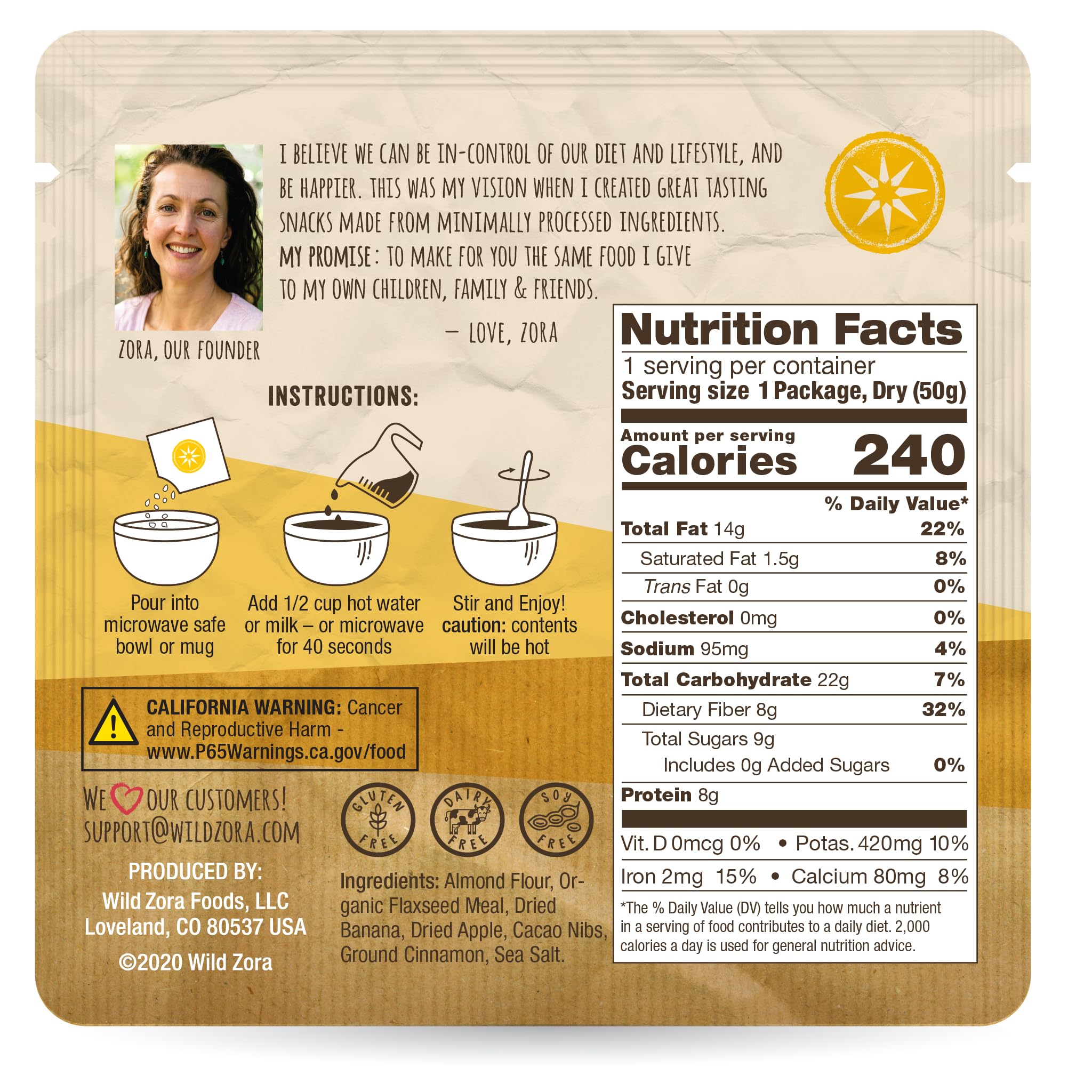 Wild Zora Apple Pie flavor hot cereal ready in minutes with real fruit sweetness