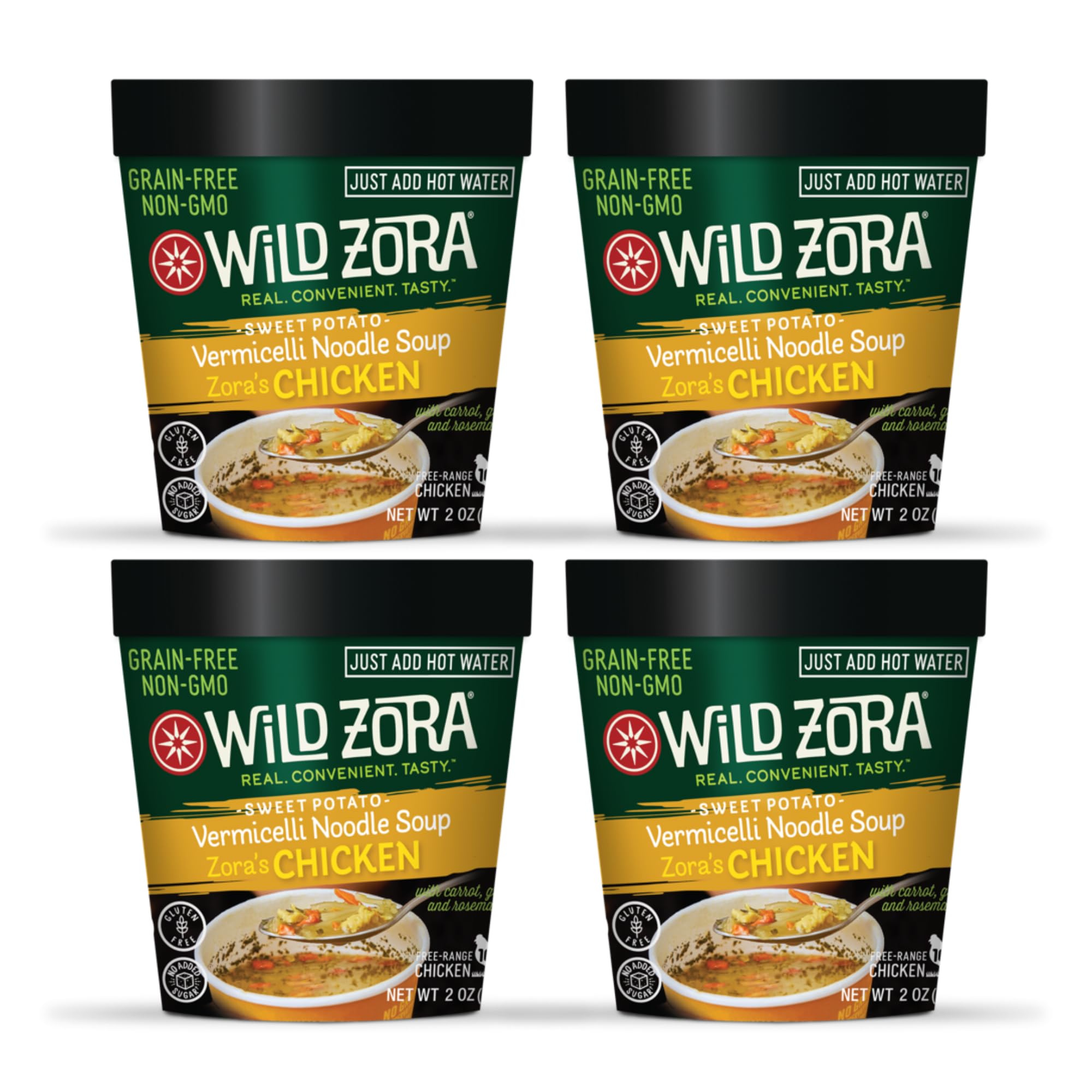 Wild Zora Chicken Noodle Soup Cup four-pack offers convenient on-the-go meals