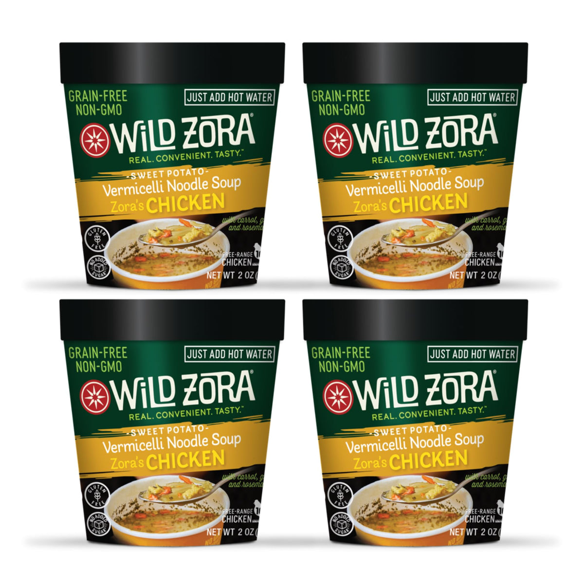 Wild Zora Chicken Noodle Soup Cup four-pack offers convenient on-the-go meals