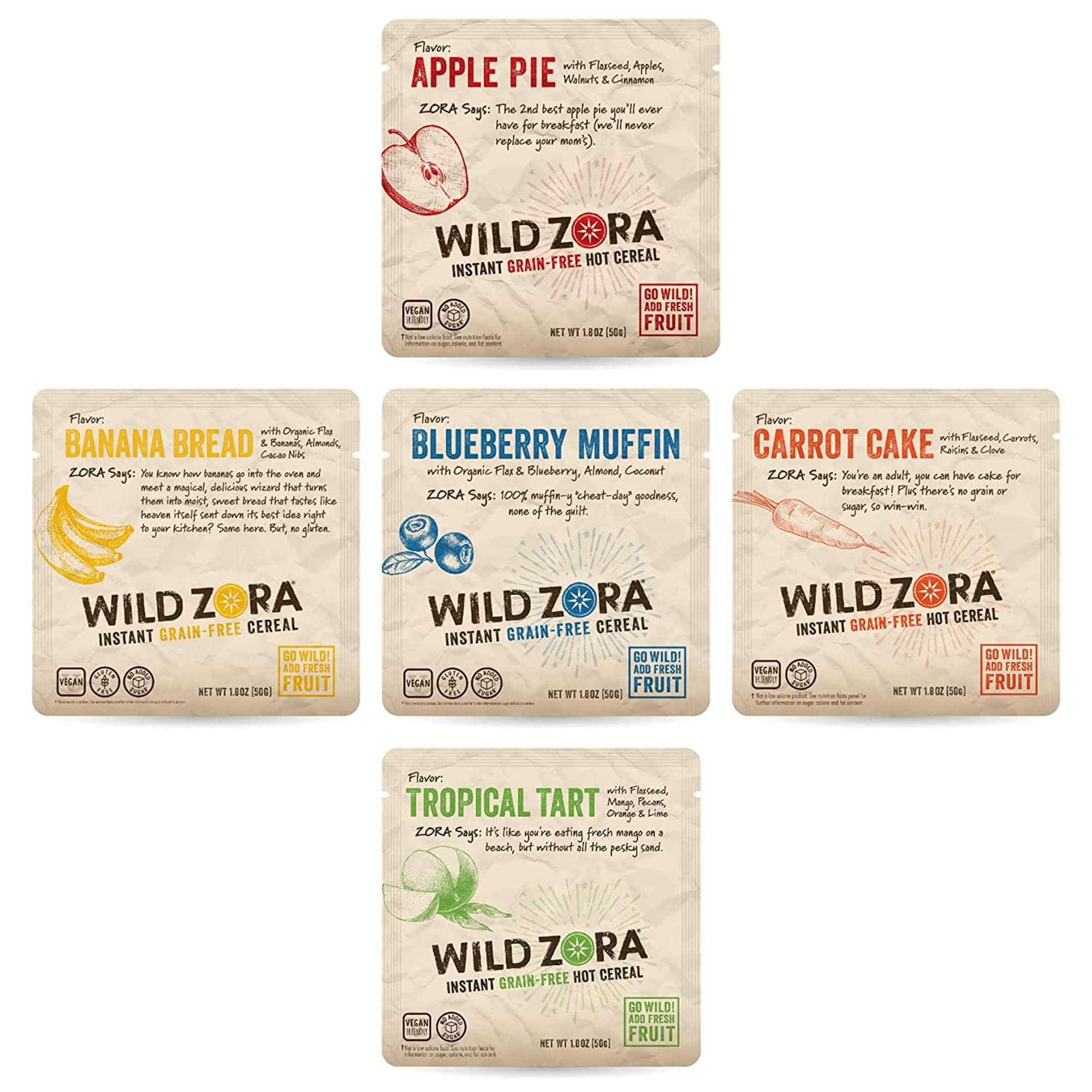 Wild Zora instant grain-free hot cereal five-pack on kitchen shelf for quick breakfast