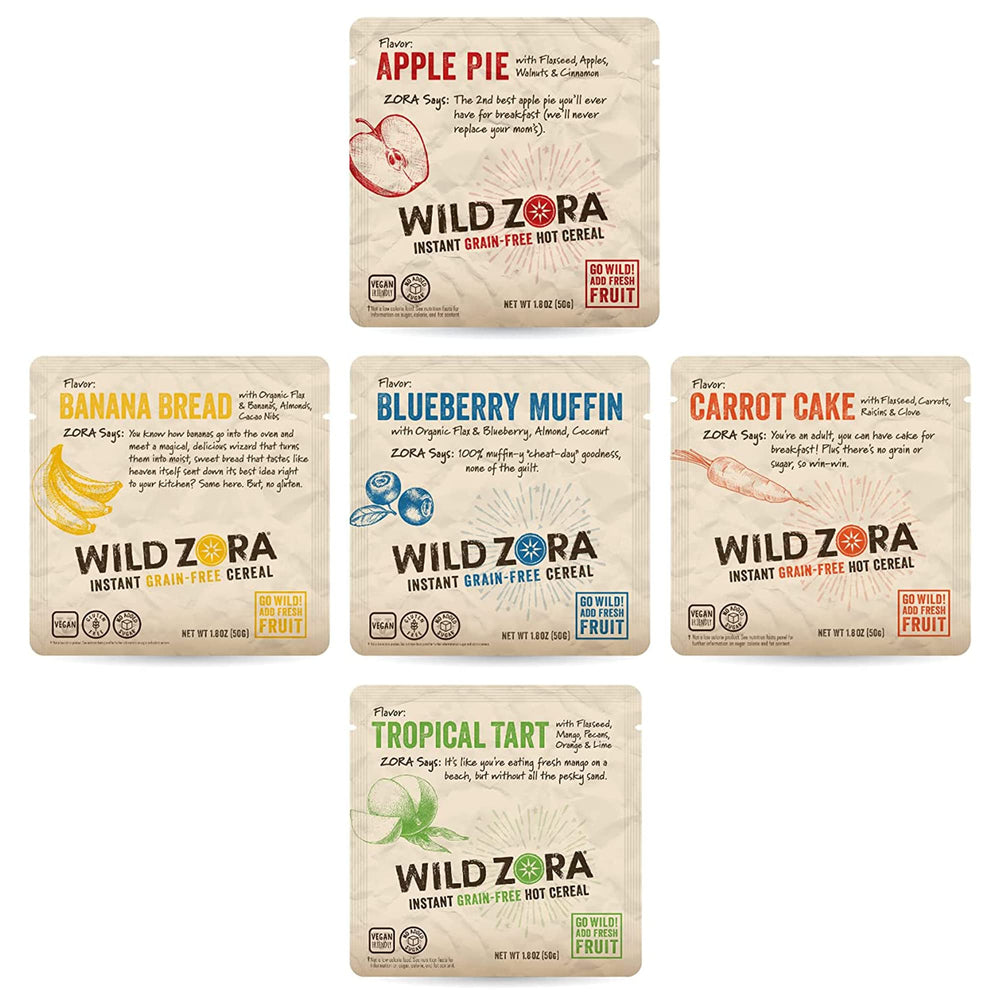 Wild Zora instant grain-free hot cereal five-pack on kitchen shelf for quick breakfast
