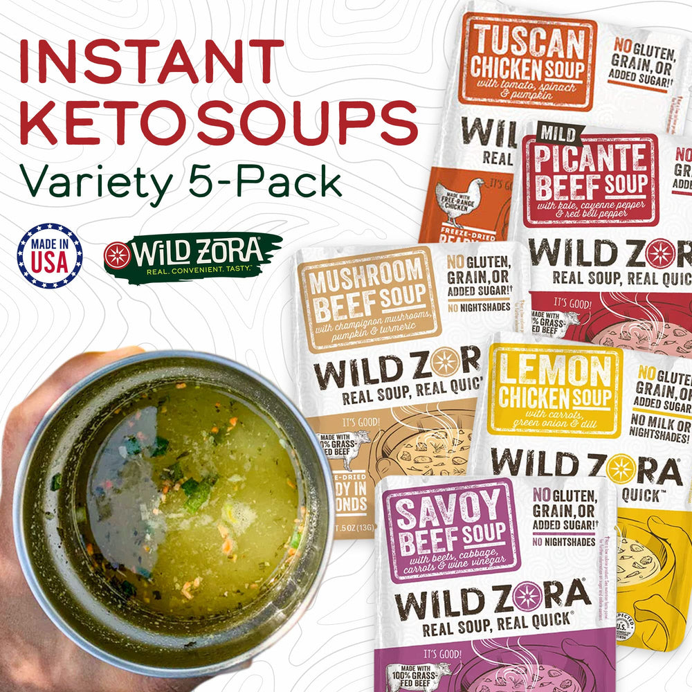 Wild Zora Lemon Chicken Soup cup highlights bright citrus and vegetables.