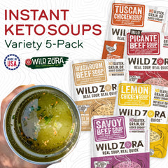 Wild Zora Lemon Chicken Soup cup highlights bright citrus and vegetables.