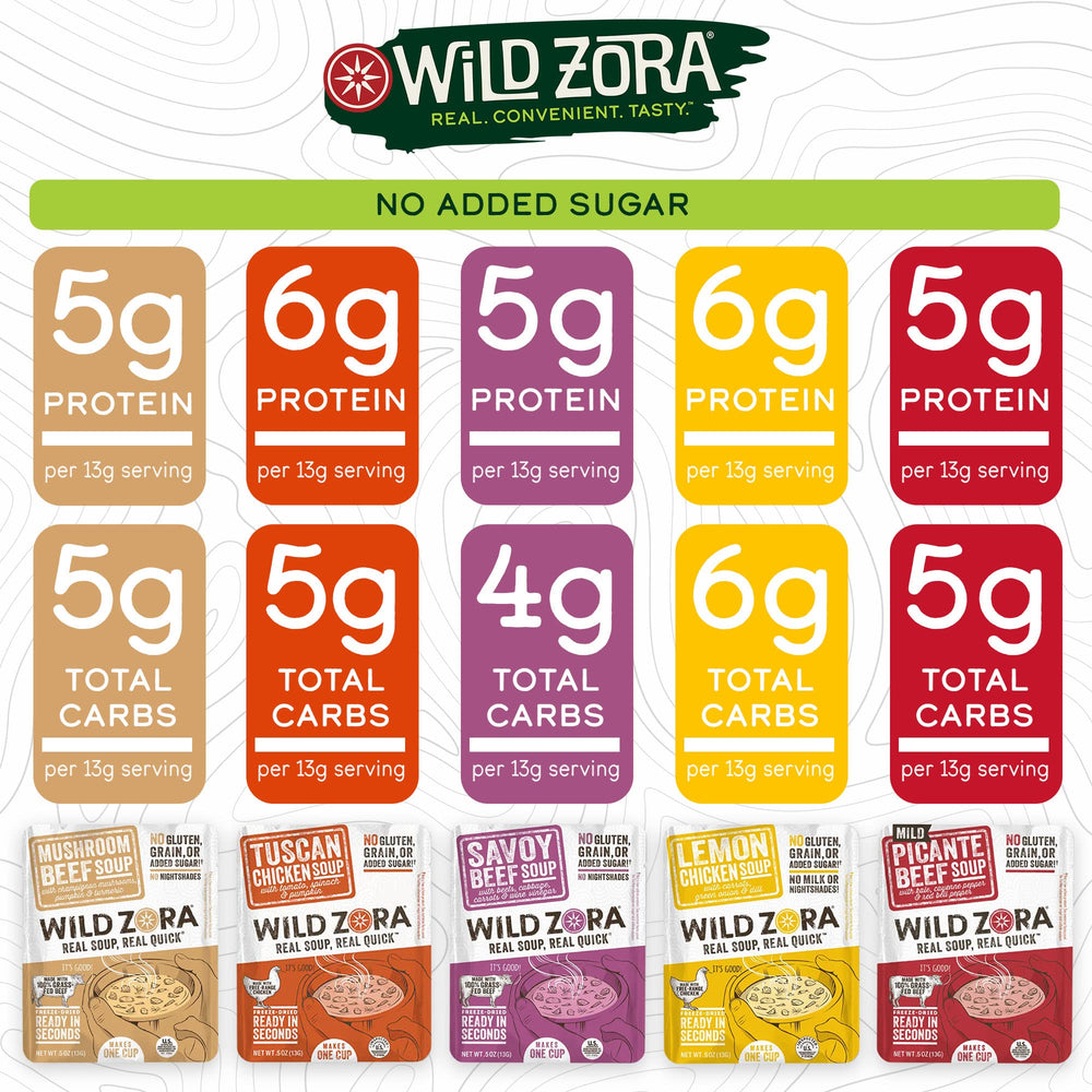 Wild Zora Savoy Beef Soup cup offers hearty flavor and convenience.