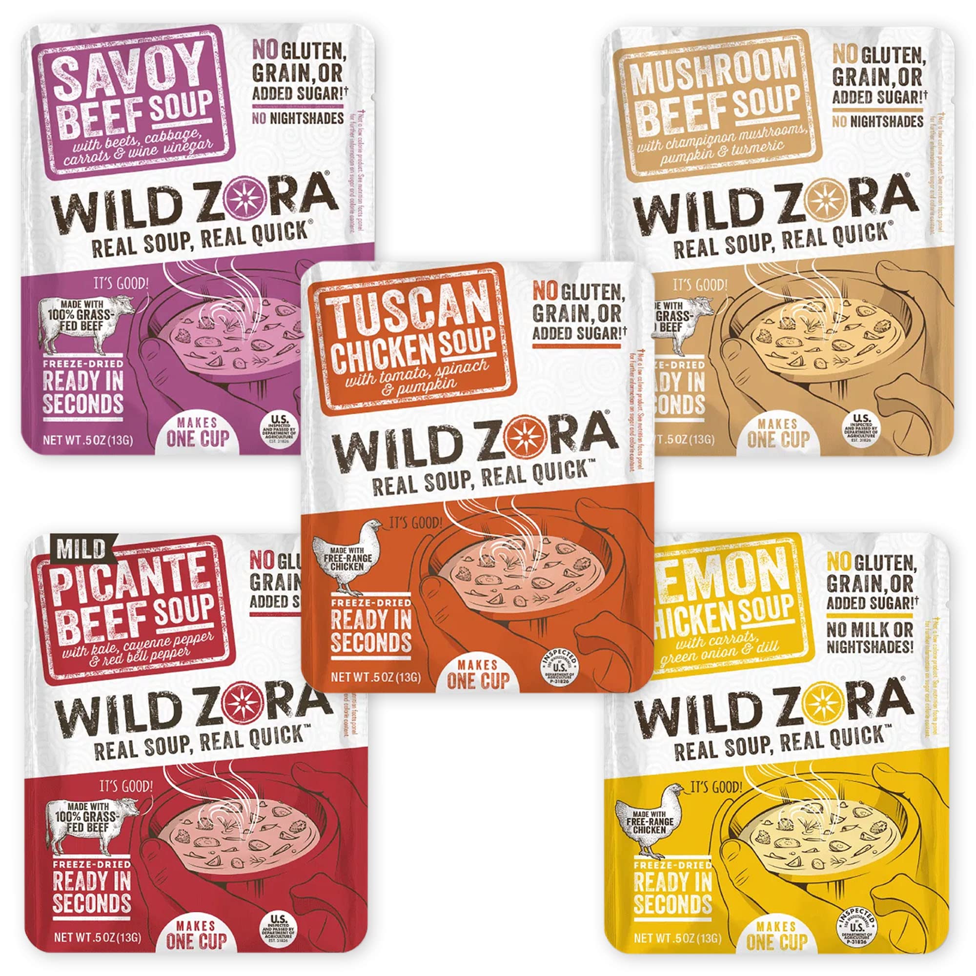 Wild Zora Tuscan Chicken Soup cup with veggies, ideal for a quick, comforting meal.