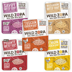 Wild Zora Tuscan Chicken Soup cup with veggies, ideal for a quick, comforting meal.