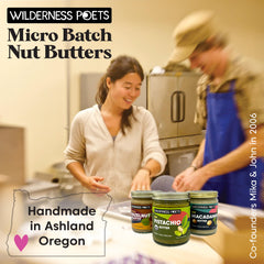 Wilderness Poets Almond Butter glass jar closeup highlights packaging that preserves freshness.
