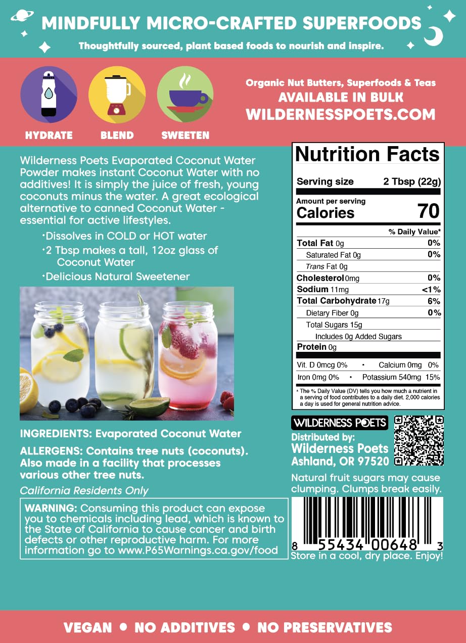 Wilderness Poets coconut water powder dissolves instantly in cold water.
