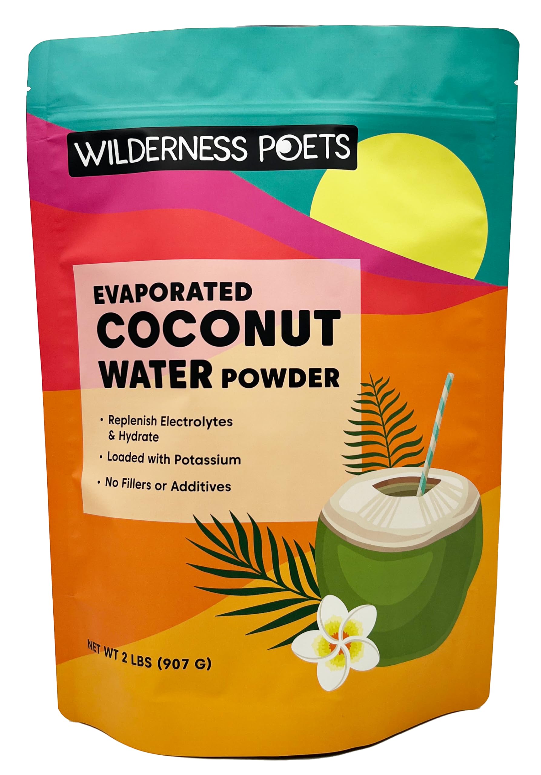 Wilderness Poets coconut water powder being poured into a glass for instant hydration.
