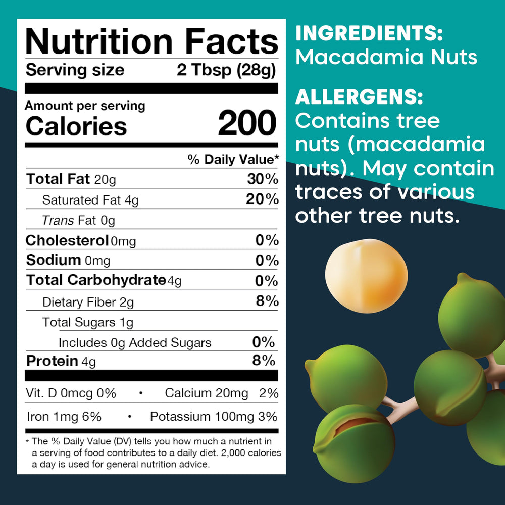Wilderness Poets macadamia butter in glass jar emphasizes preservative-free, gluten-free ingredients