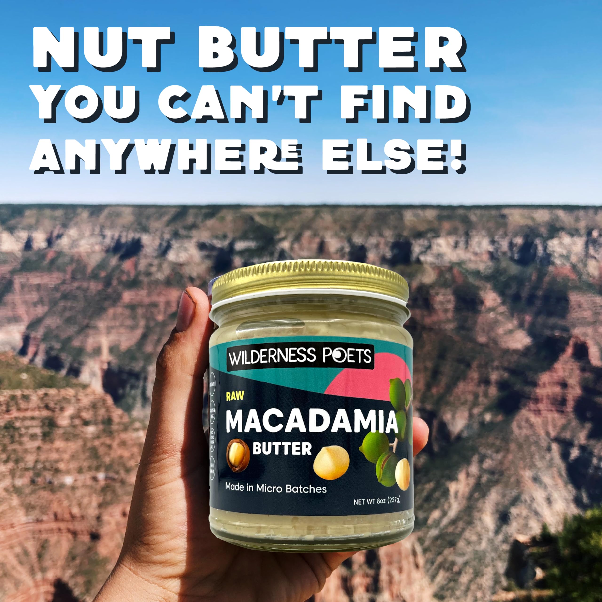 Wilderness Poets macadamia butter packaging closeup highlights eco-friendly glass jar