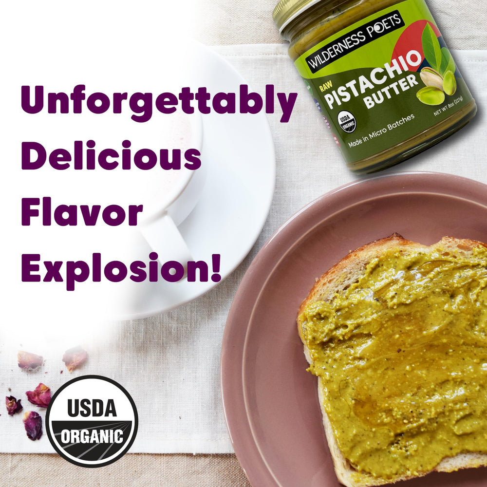Wilderness Poets Pistachio Butter kitchen use closeup invites smoothies, baking, and dips