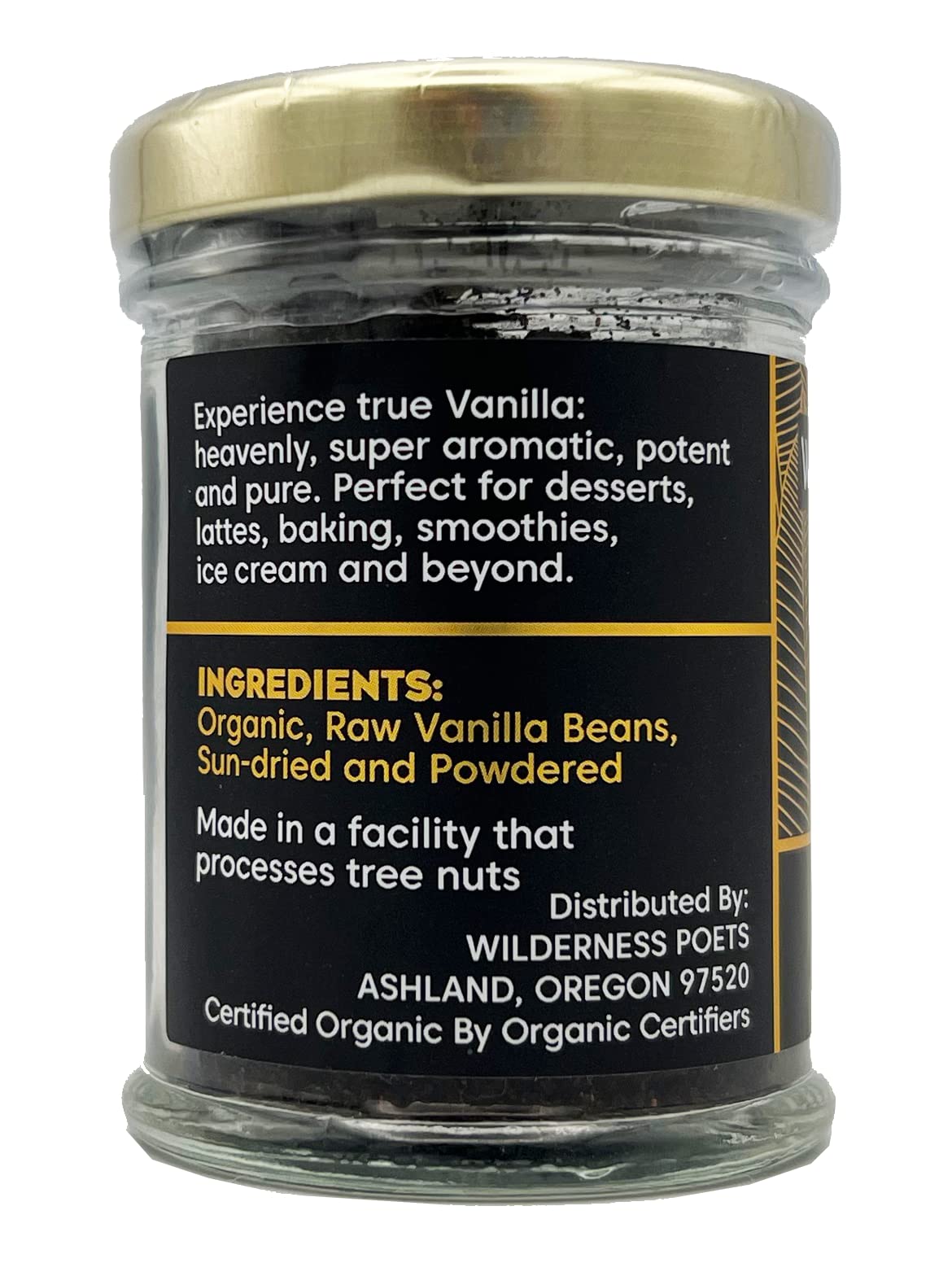 Wilderness Poets Vanilla Powder in a glass jar, premium quality and aroma preserved.