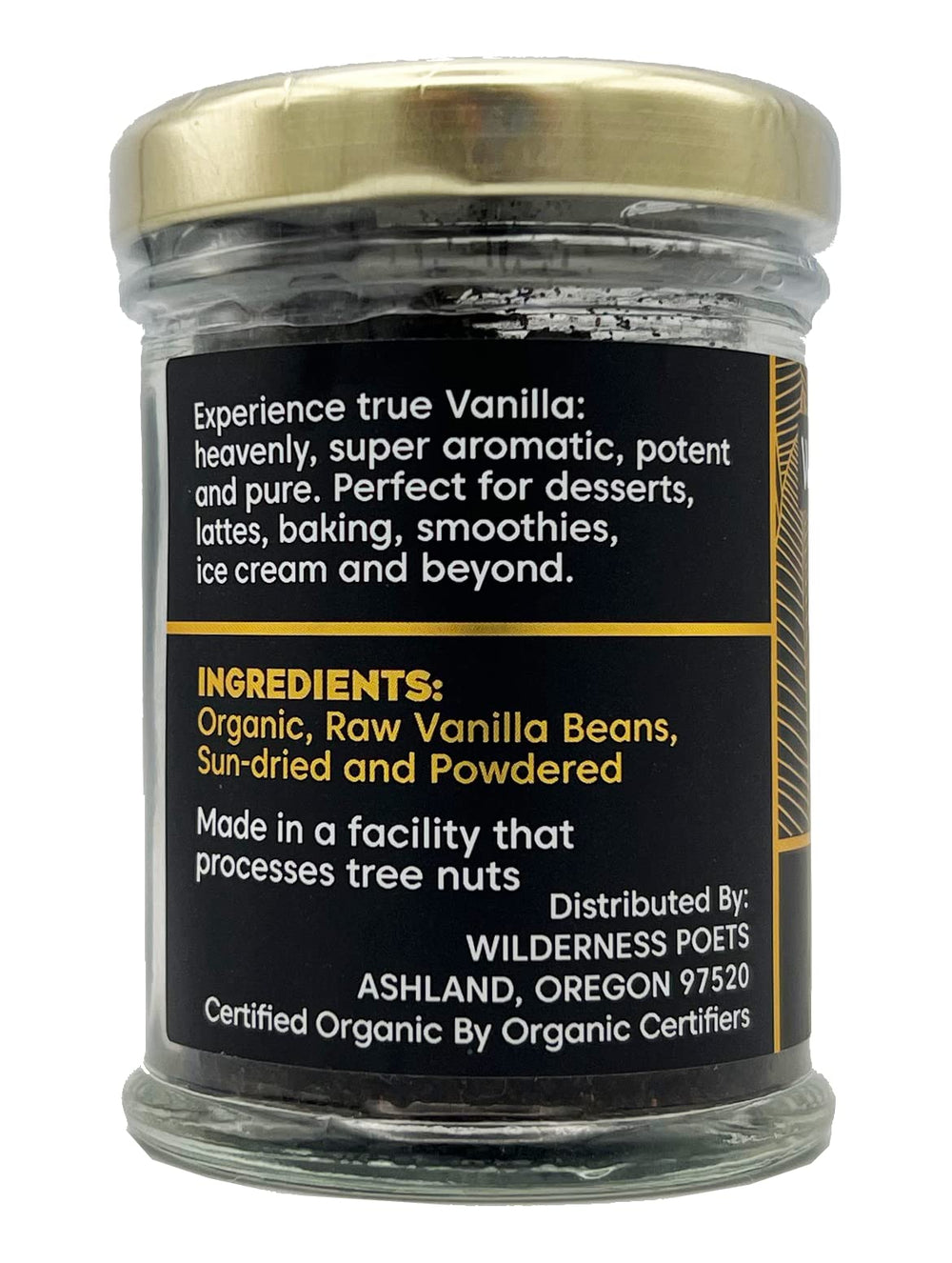Wilderness Poets Vanilla Powder in a glass jar, premium quality and aroma preserved.