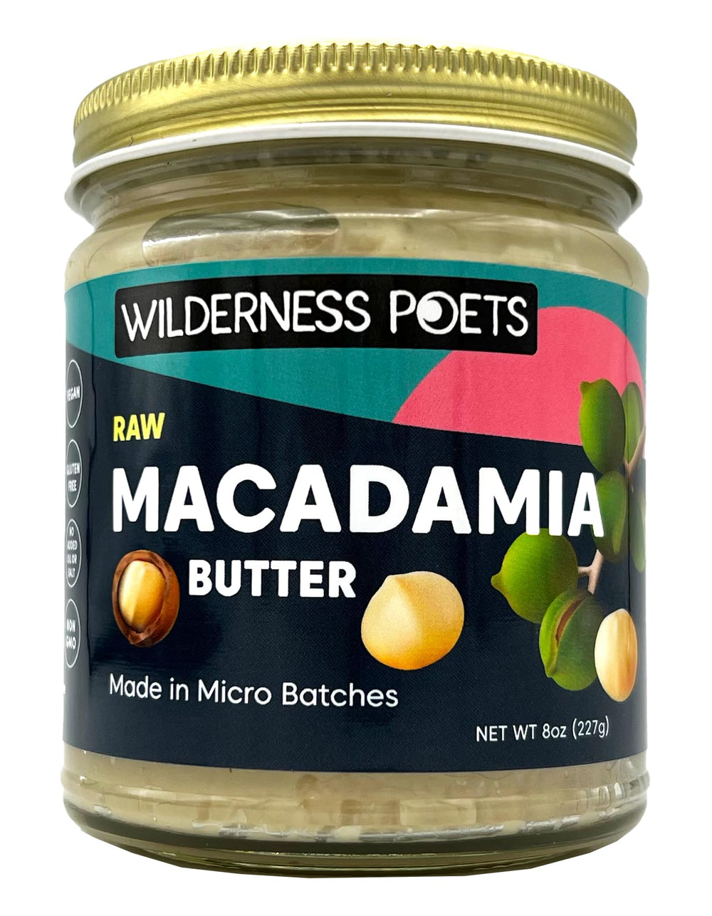 Wilderness Poets raw macadamia butter jar closeup shows creamy, spreadable texture ideal for toast