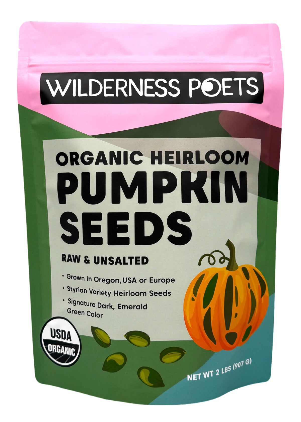 Wilderness Poets Styrian hulless pumpkin seeds close-up for snacking.