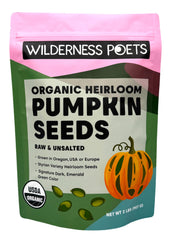 Wilderness Poets Styrian hulless pumpkin seeds close-up for snacking.