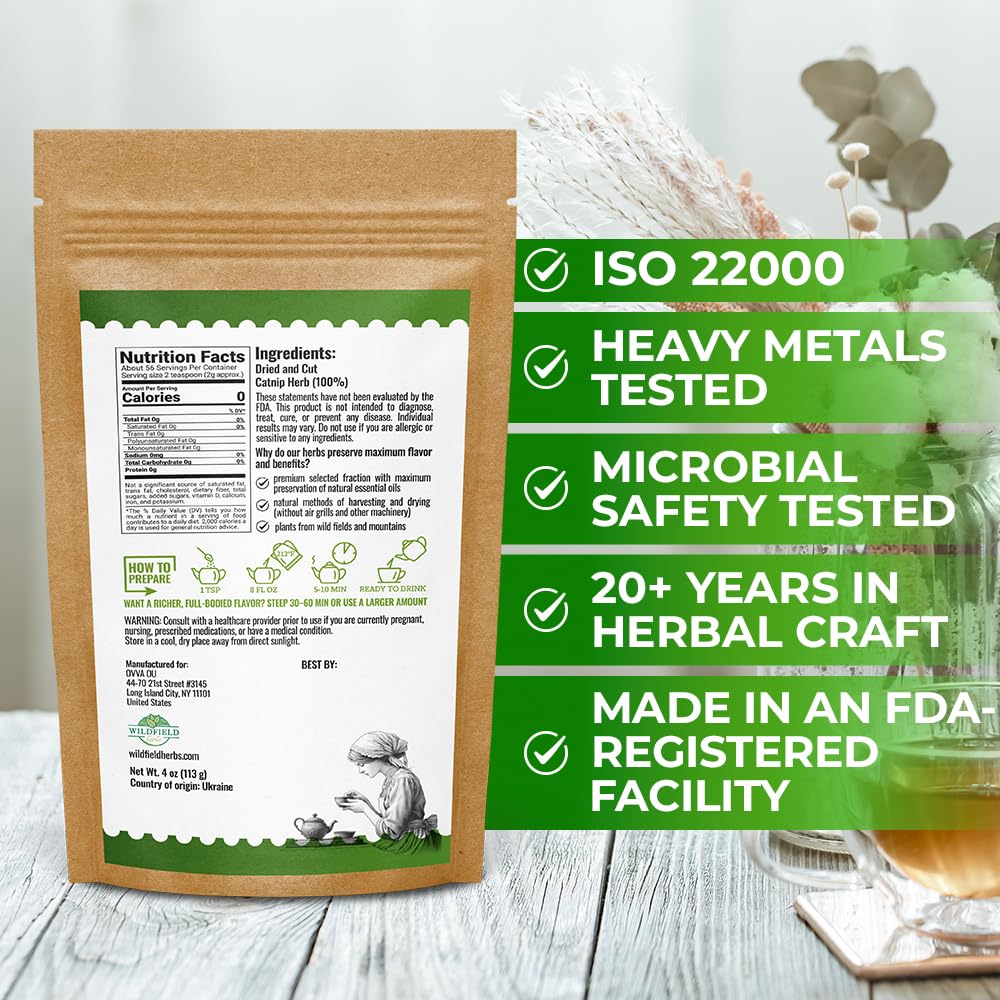 Wildfield Herbs Catnip Tea cup steeping for a soothing, caffeine-free moment.