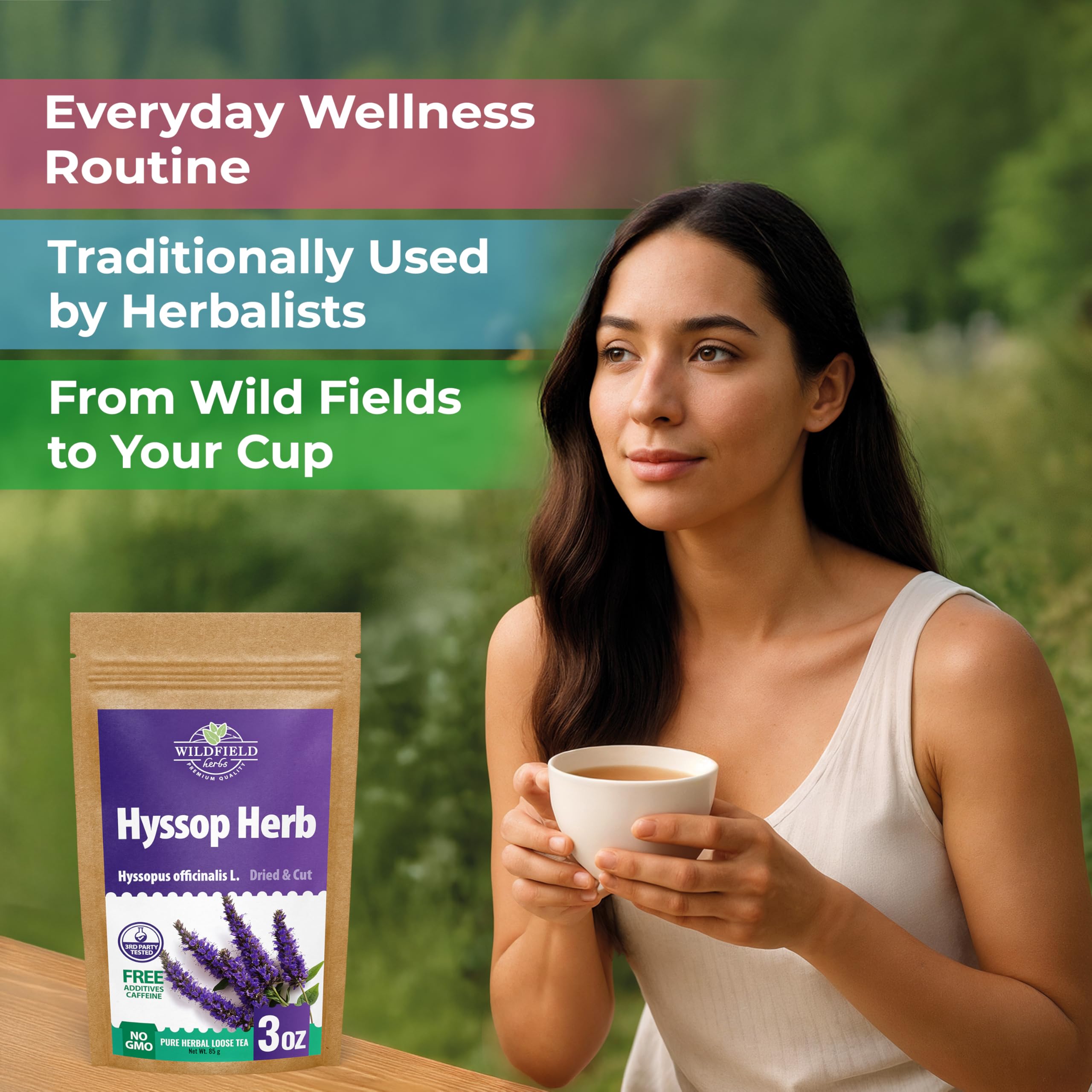Wildfield Herbs hyssop packaging box shown, preserving freshness