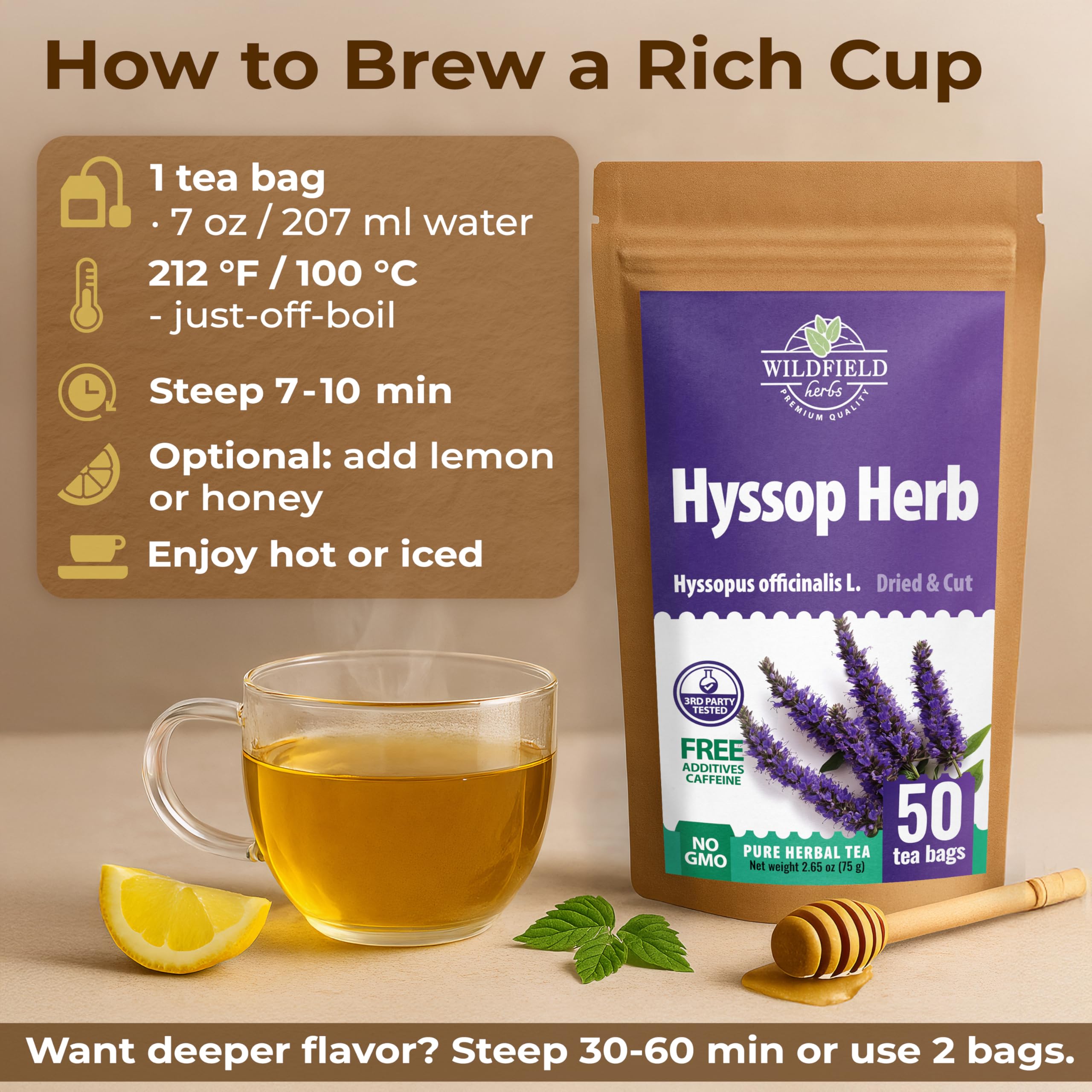 Wildfield Herbs Hyssop tea bag resting on a surface