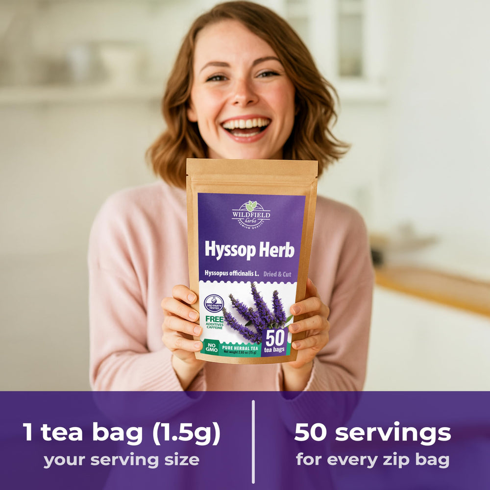 Hyssop tea bag label from Wildfield Herbs with brewing notes