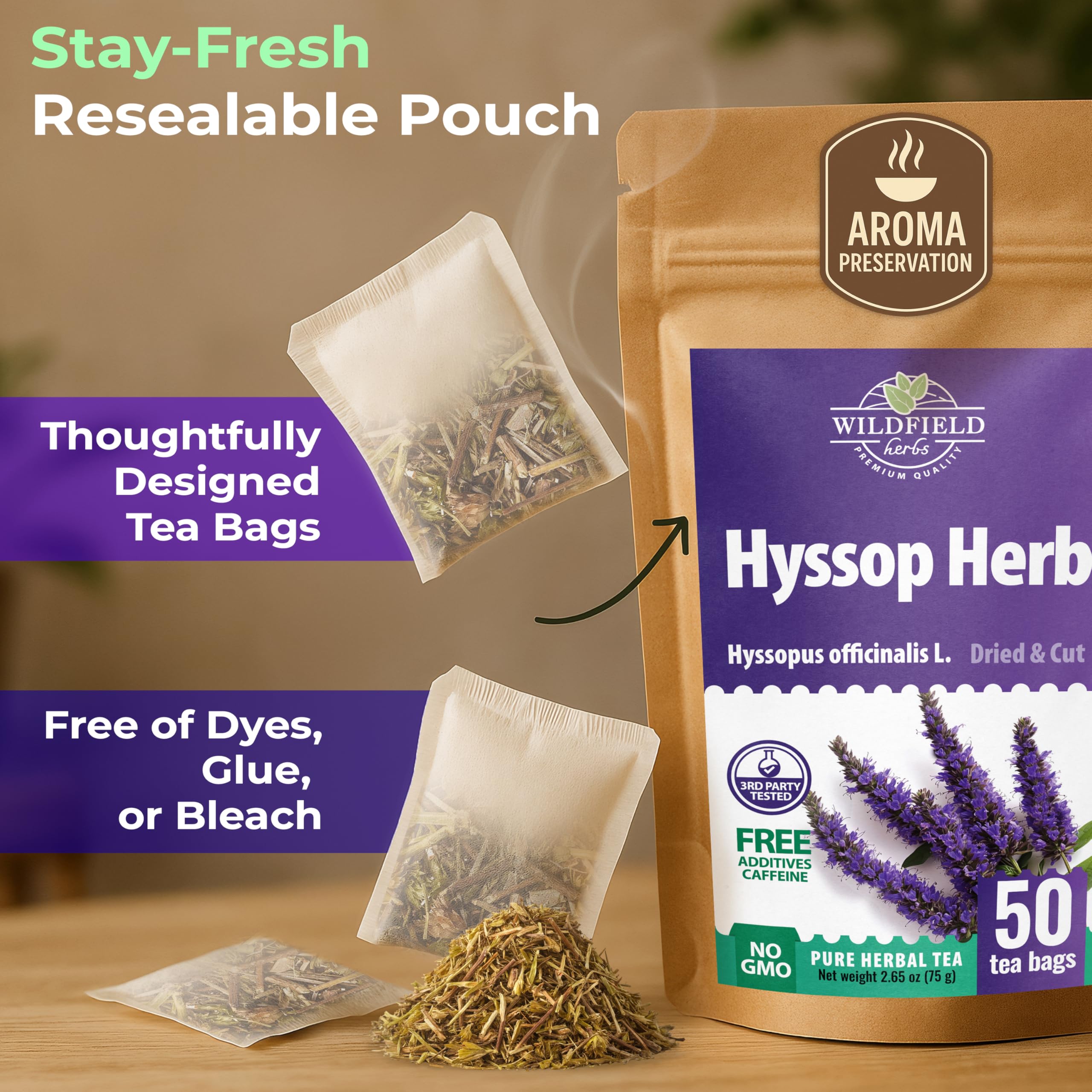 Packaging box of Wildfield Herbs Hyssop tea for quality freshness