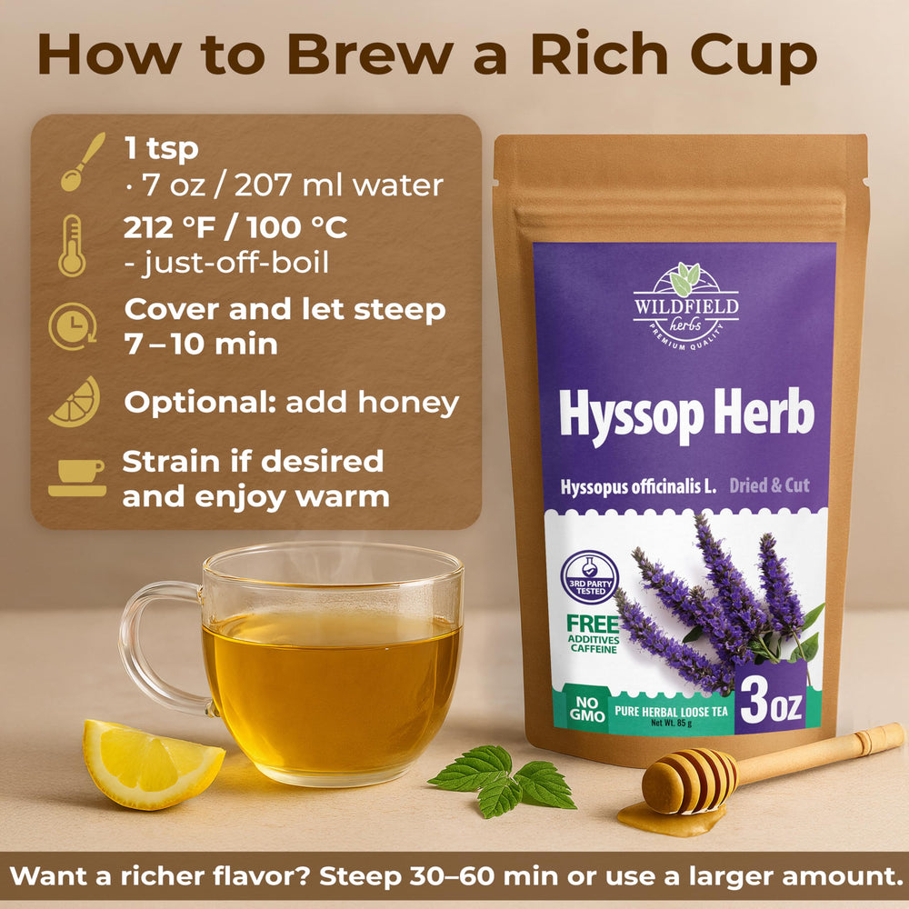 Wildfield Herbs hyssop tea steeping in pot, aromatic steam