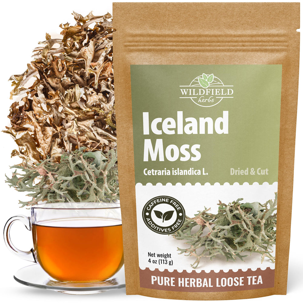 Wildfield Herbs Icelandic Moss Tea packaging highlights freshness and aroma.