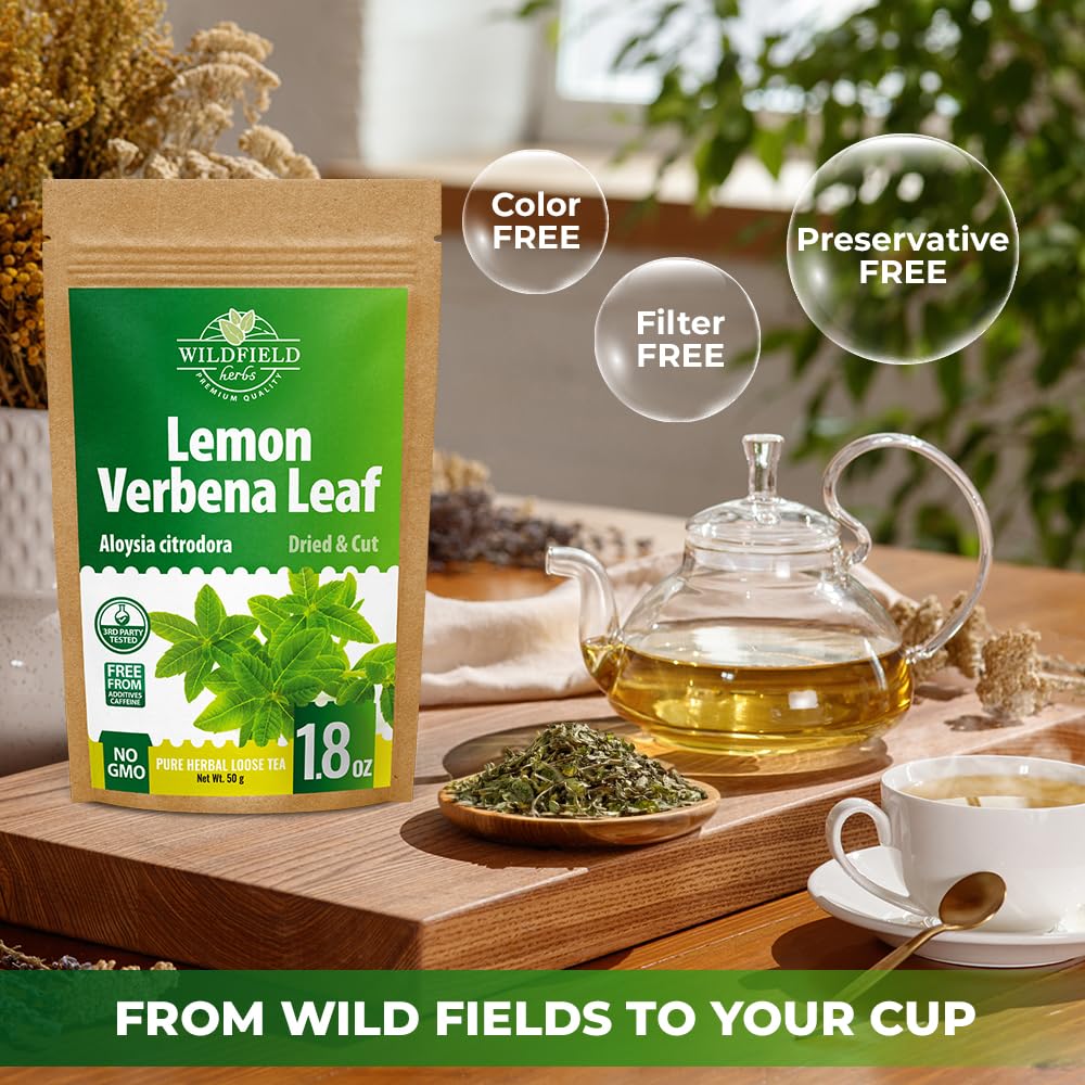 Wildfield Herbs Lemon Verbena brewed cup releasing aromatic citrus notes