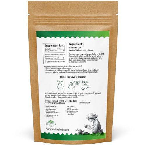 Wildfield Herbs Lemon Verbena dried leaves for fragrant, refreshing cups.