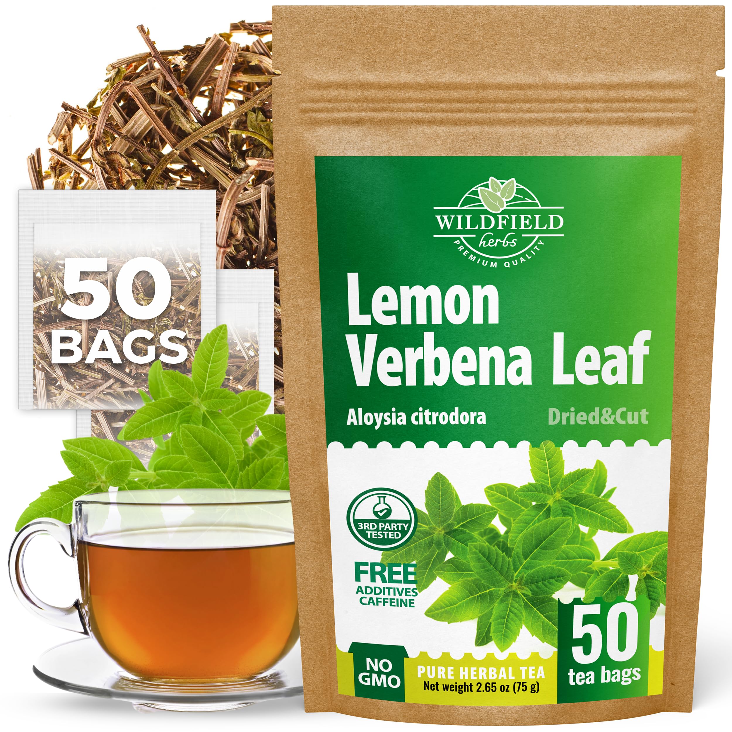 Wildfield Herbs Lemon Verbena tea bags for quick, zestful infusions.